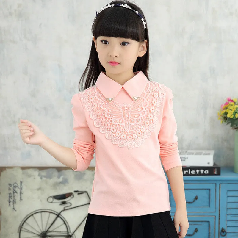 Girls Blouses Spring Autumn Children Clothing Turn-Down Collar Girl Princess Shirts Pearl Child Lace Bottoming Shirt 3-12Y