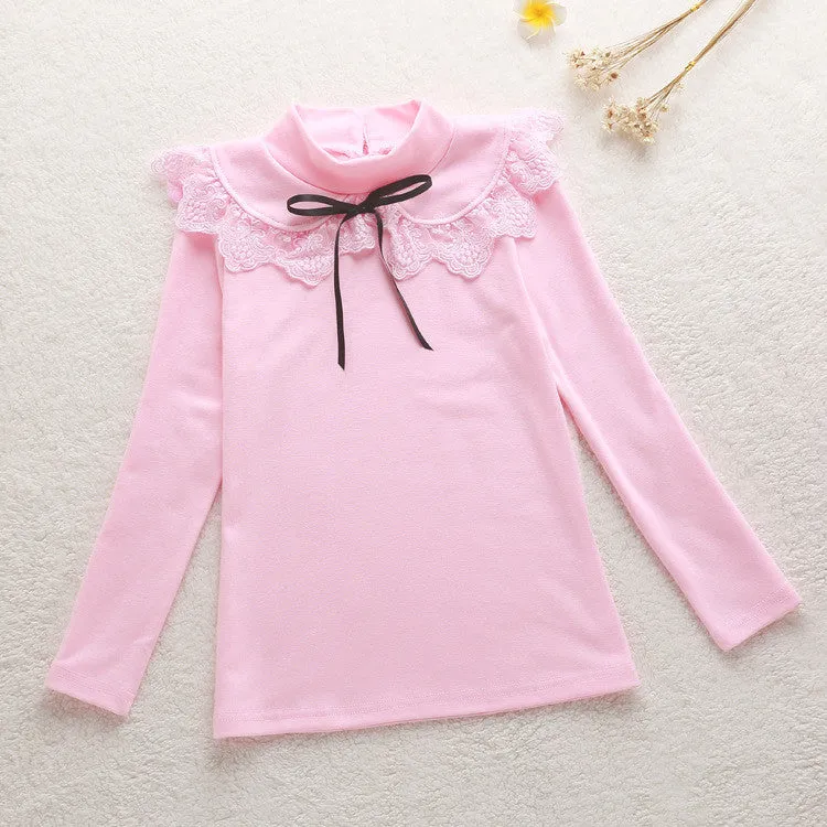 Girls Blouses Spring Autumn Children Clothing Turn-Down Collar Girl Princess Shirts Pearl Child Lace Bottoming Shirt 3-12Y