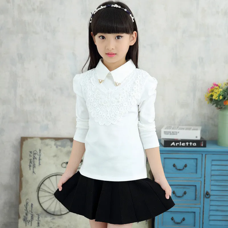Girls Blouses Spring Autumn Children Clothing Turn-Down Collar Girl Princess Shirts Pearl Child Lace Bottoming Shirt 3-12Y