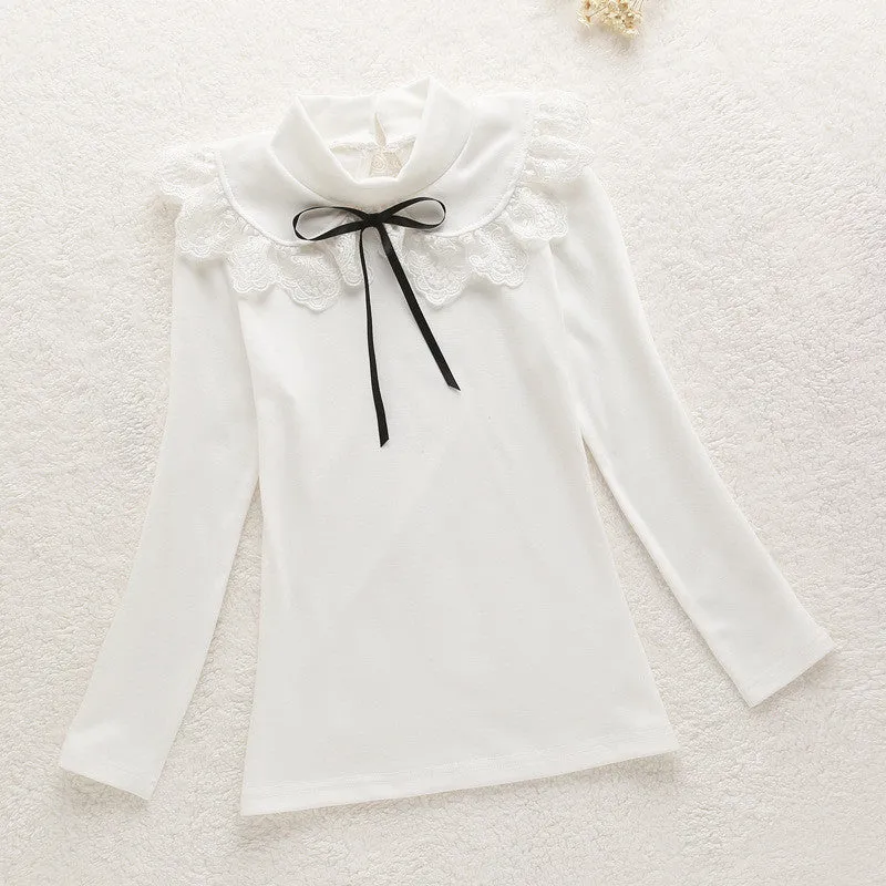 Girls Blouses Spring Autumn Children Clothing Turn-Down Collar Girl Princess Shirts Pearl Child Lace Bottoming Shirt 3-12Y