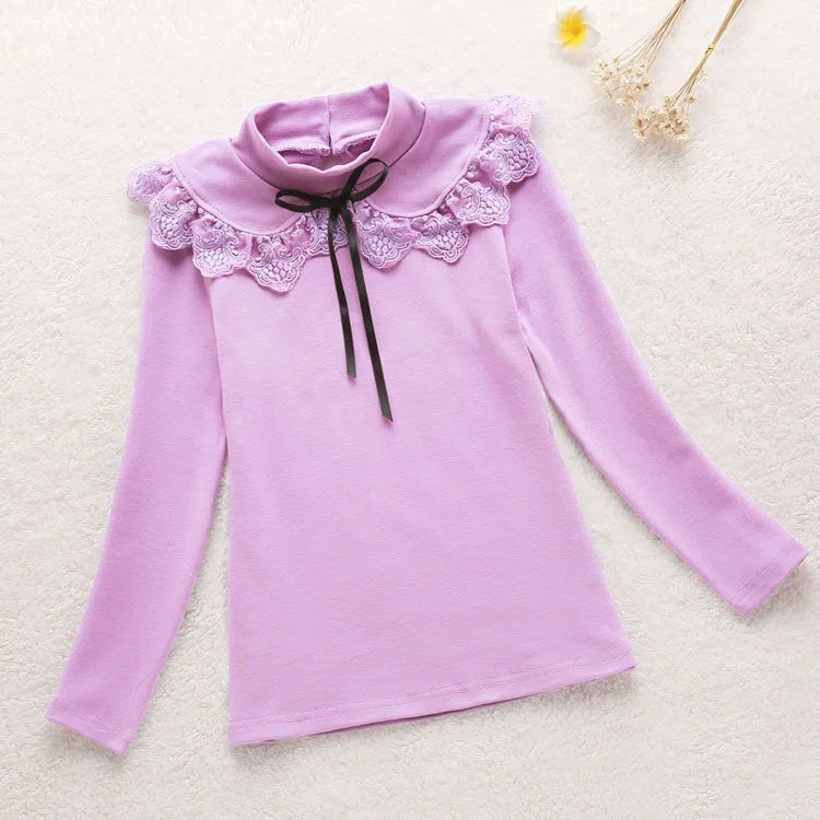 Girls Blouses Spring Autumn Children Clothing Turn-Down Collar Girl Princess Shirts Pearl Child Lace Bottoming Shirt 3-12Y