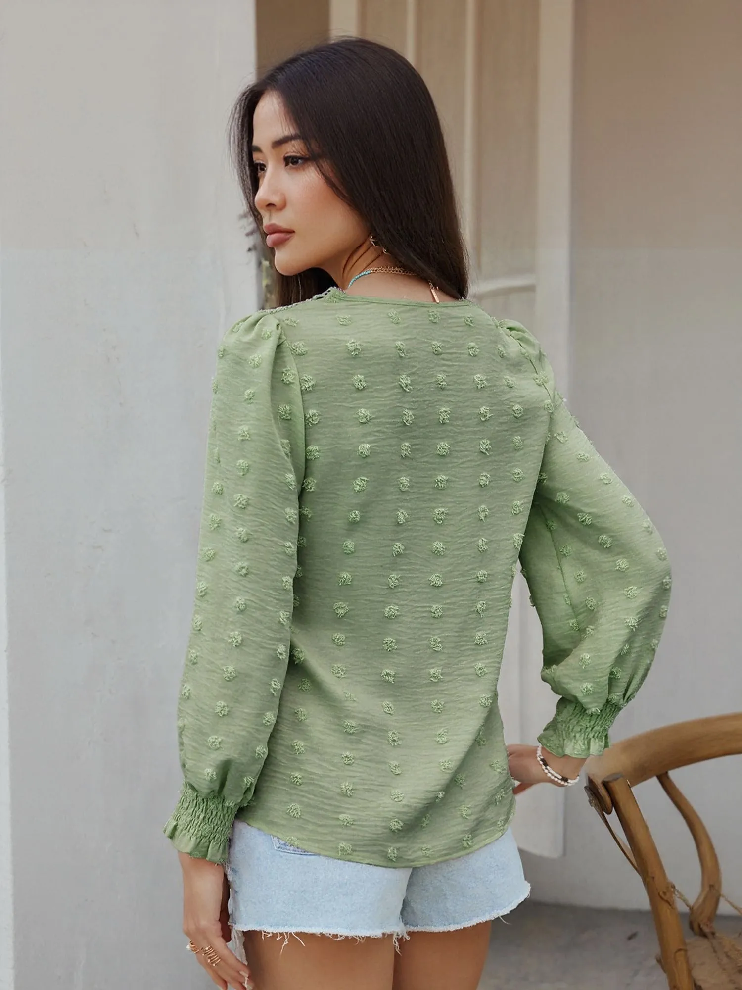 Green Lace Patch Blouson Top