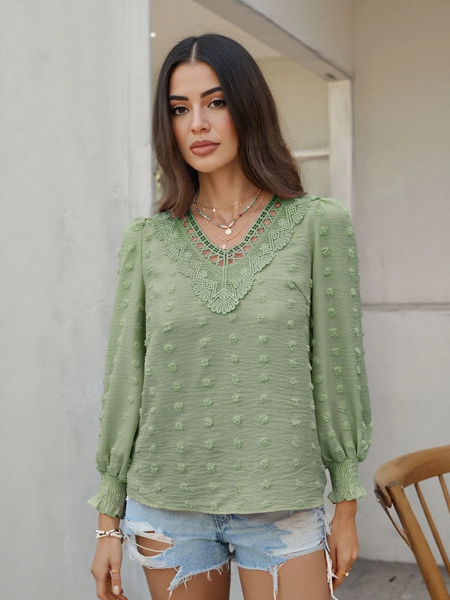 Green Lace Patch Blouson Top
