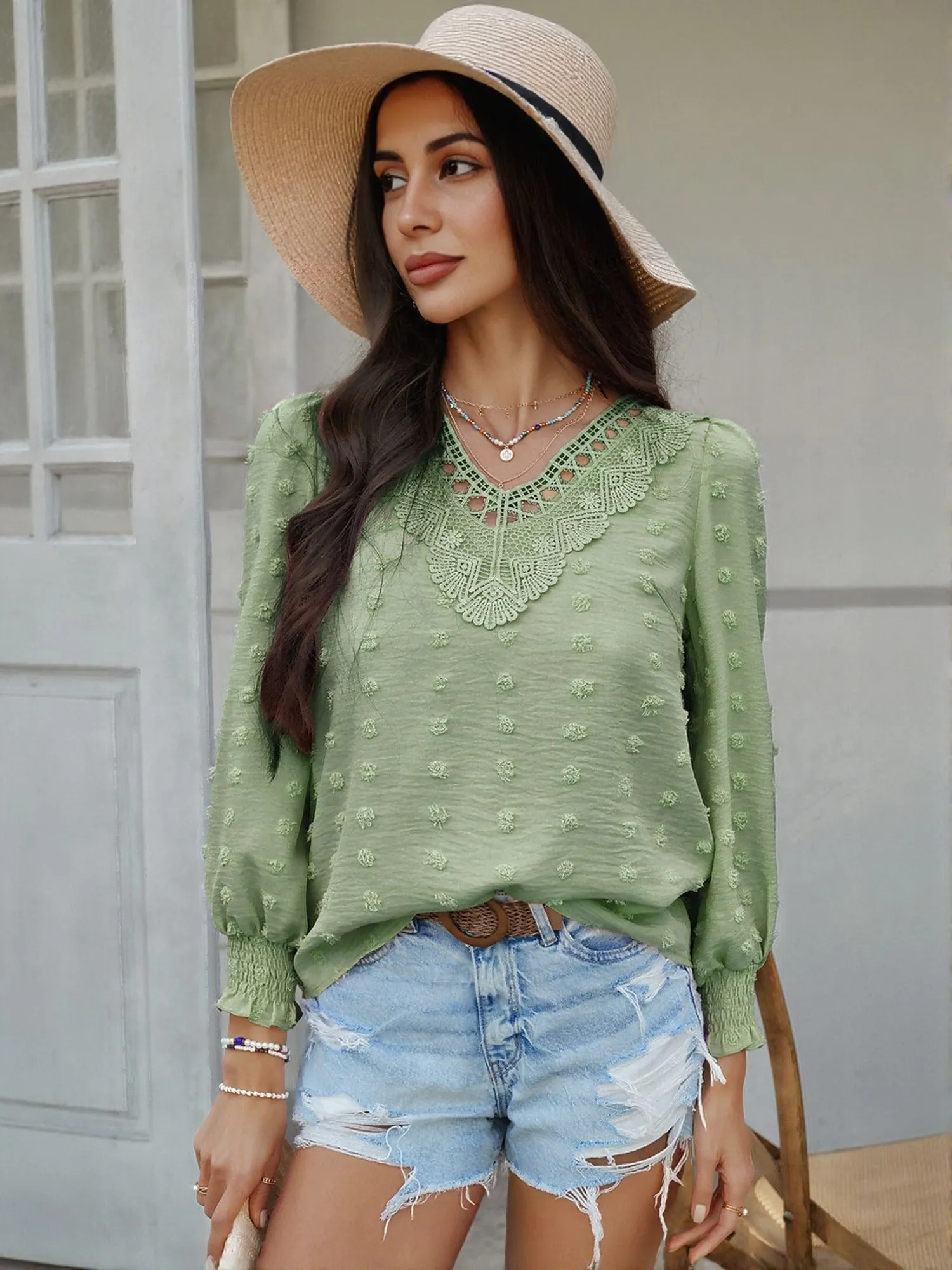 Green Lace Patch Blouson Top