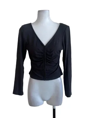 Grey Plain V Neck Long Sleeve Top
