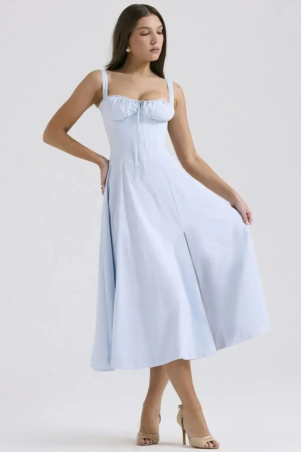 JazzHer Sexy Solid Pleated Suspenders Dress Women Elegant Slim Backless Chest Wrapped Midi Dresses 2024 Summer Lady Holiday Party Robes