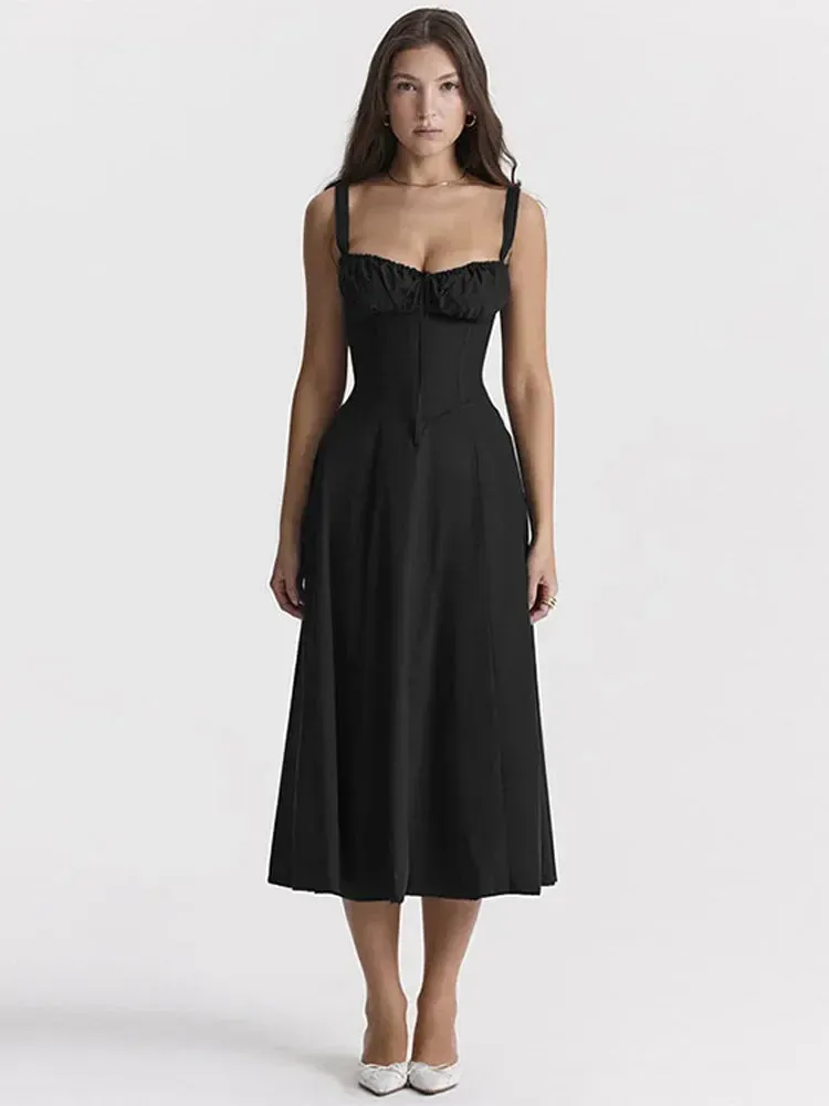 JazzHer Sexy Solid Pleated Suspenders Dress Women Elegant Slim Backless Chest Wrapped Midi Dresses 2024 Summer Lady Holiday Party Robes