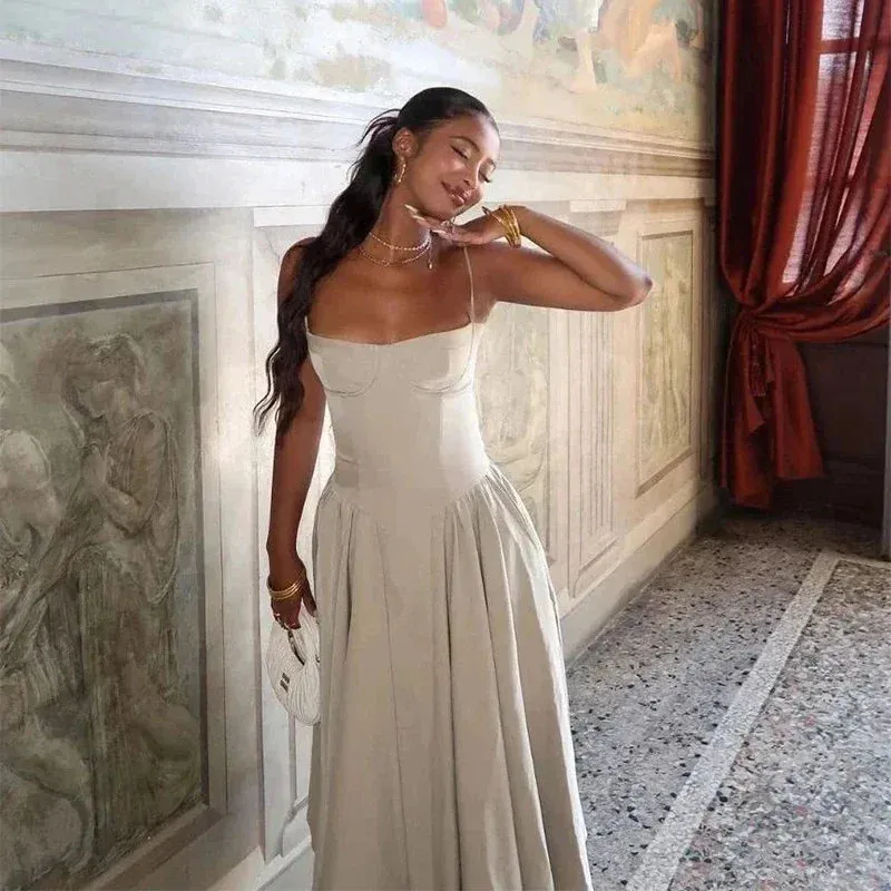 JazzHer Sexy Solid Pleated Suspenders Dress Women Elegant Slim Backless Chest Wrapped Midi Dresses 2024 Summer Lady Holiday Party Robes