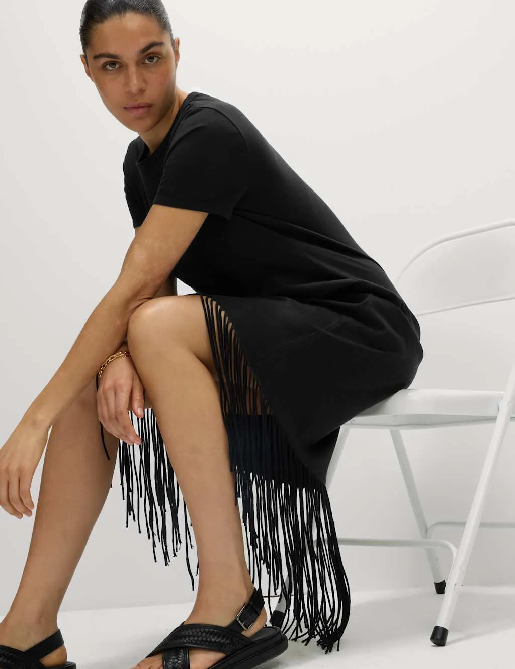 Jersey Fringe Trim Midaxi T-Shirt Beach Dress