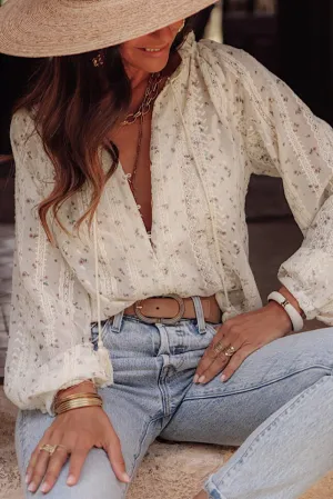 KaleaBoutique Floral Embroidered Lace Bubble Sleeve Shirt