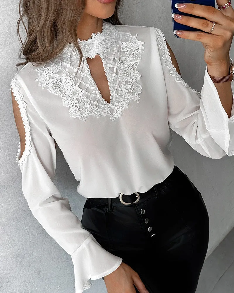 Keyhole Neck Crochet Lace Cutout Top