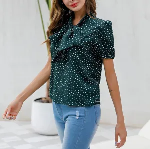 Lace Bow Neckline Top Small Fresh Print Polka Dot Court Lantern Sleeve Shirt