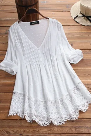 Lace Hem Solid Color V Neck Blouse