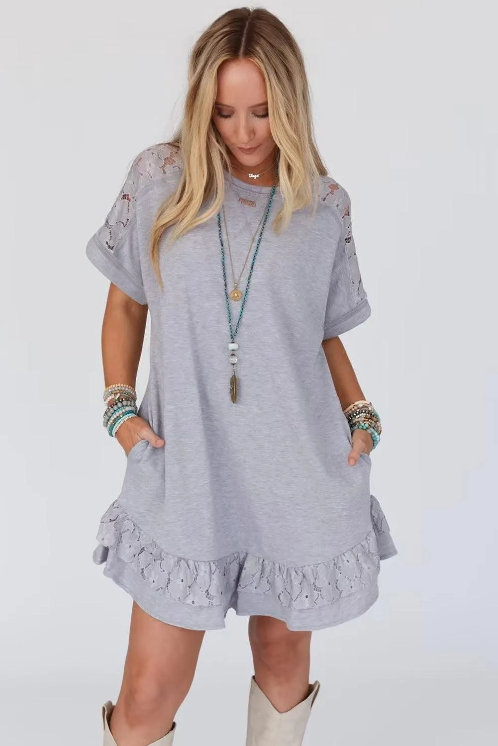 Lace Patchwork Ruffle T-shirt Dress
