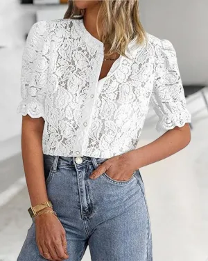 Lace Round Neck Puff Sleeve Button Front Blouse Casual See Through Top
