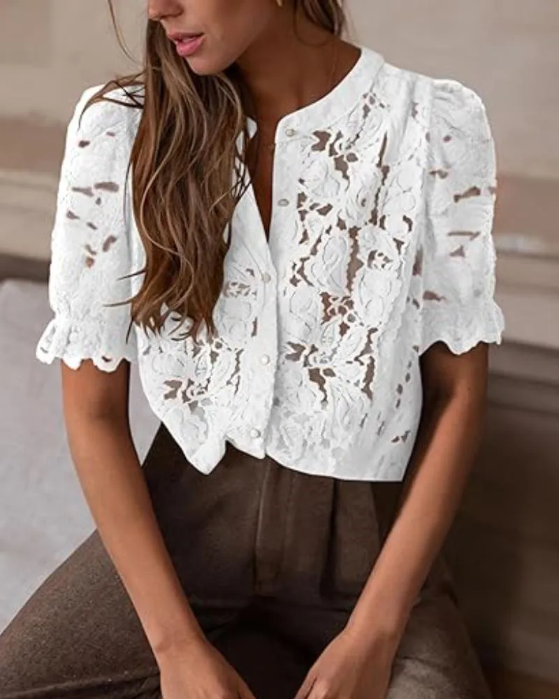 Lace Round Neck Puff Sleeve Button Front Blouse Casual See Through Top