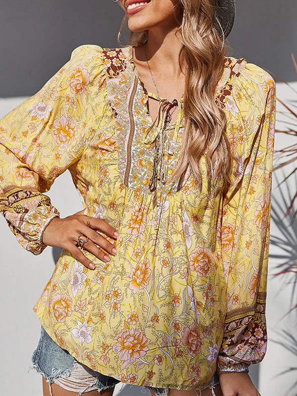 Lace Up Long Sleeve Floral Blouse