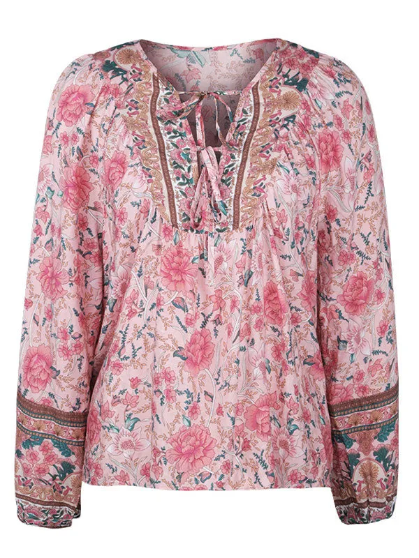 Lace Up Long Sleeve Floral Blouse