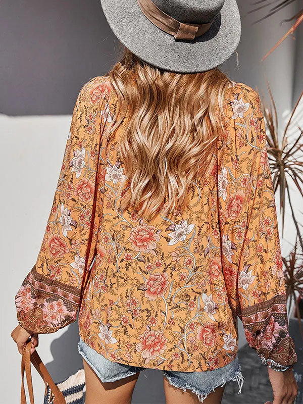 Lace Up Long Sleeve Floral Blouse