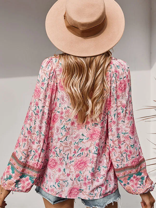 Lace Up Long Sleeve Floral Blouse