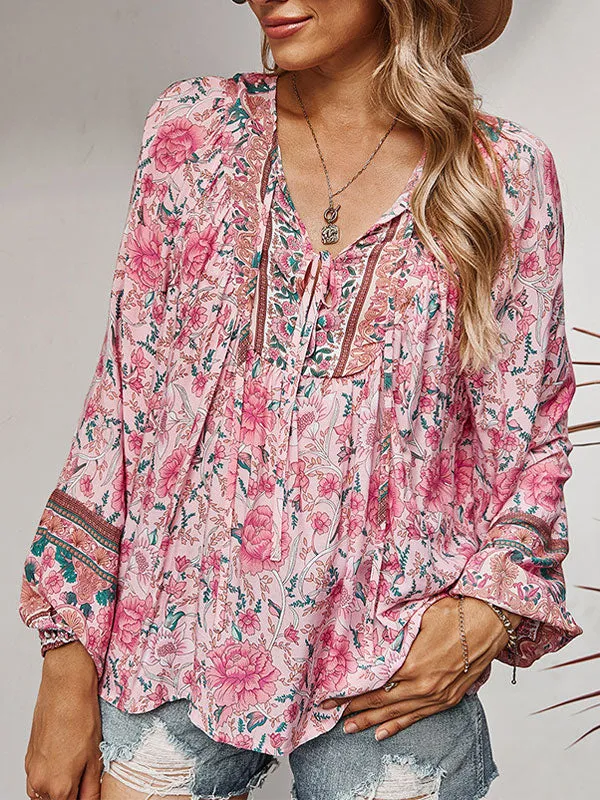 Lace Up Long Sleeve Floral Blouse