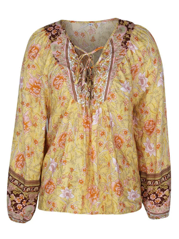 Lace Up Long Sleeve Floral Blouse