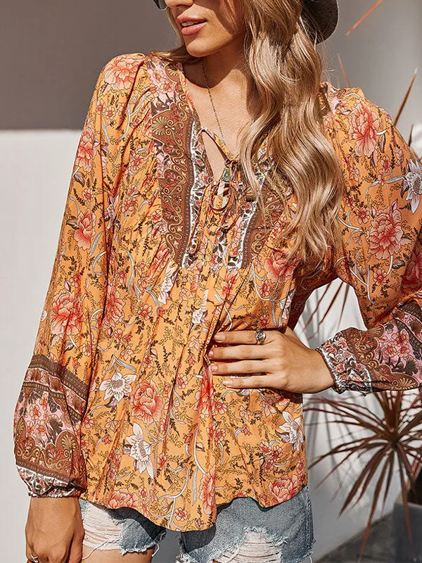 Lace Up Long Sleeve Floral Blouse