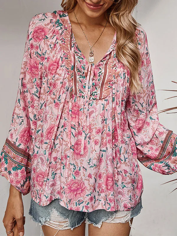 Lace Up Long Sleeve Floral Blouse