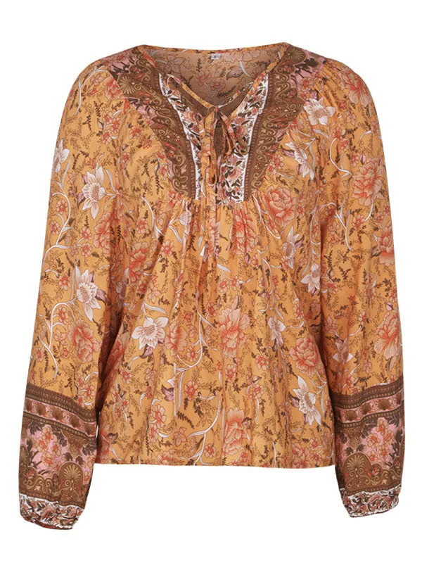Lace Up Long Sleeve Floral Blouse