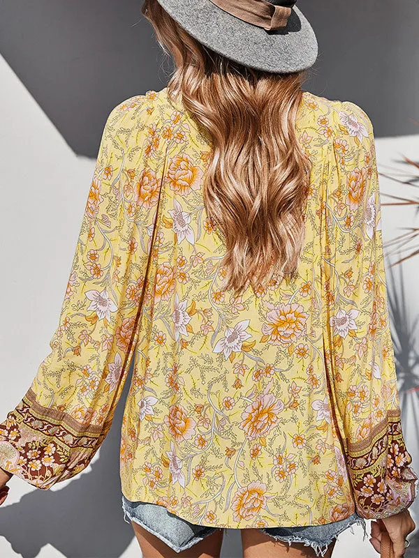 Lace Up Long Sleeve Floral Blouse