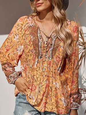 Lace Up Long Sleeve Floral Blouse