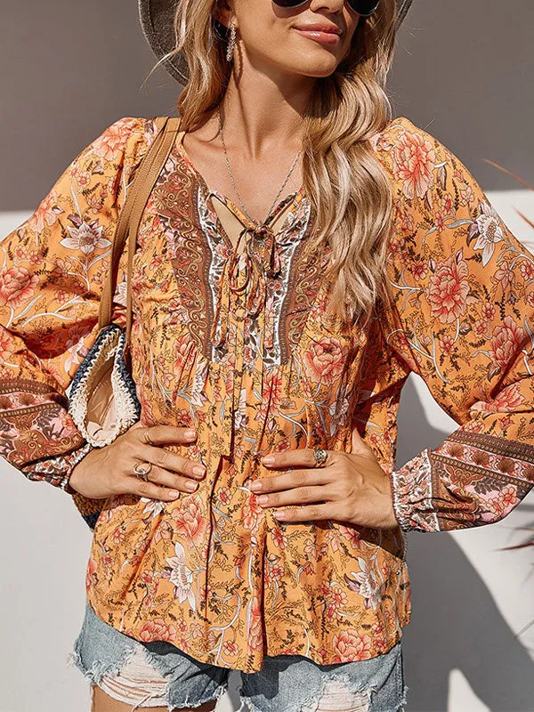 Lace Up Long Sleeve Floral Blouse