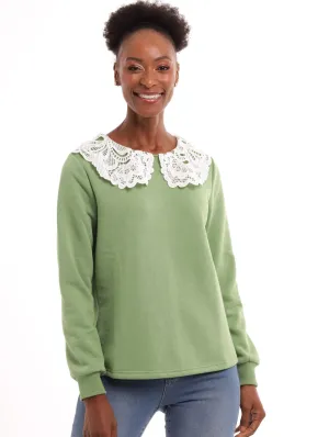 Ladies Lace Collar Pullover - Sage