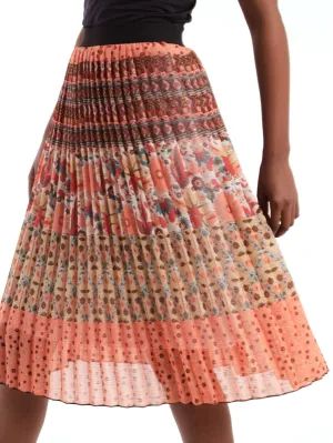 Ladies Pleated Patchwork Striped Skirt - Coral