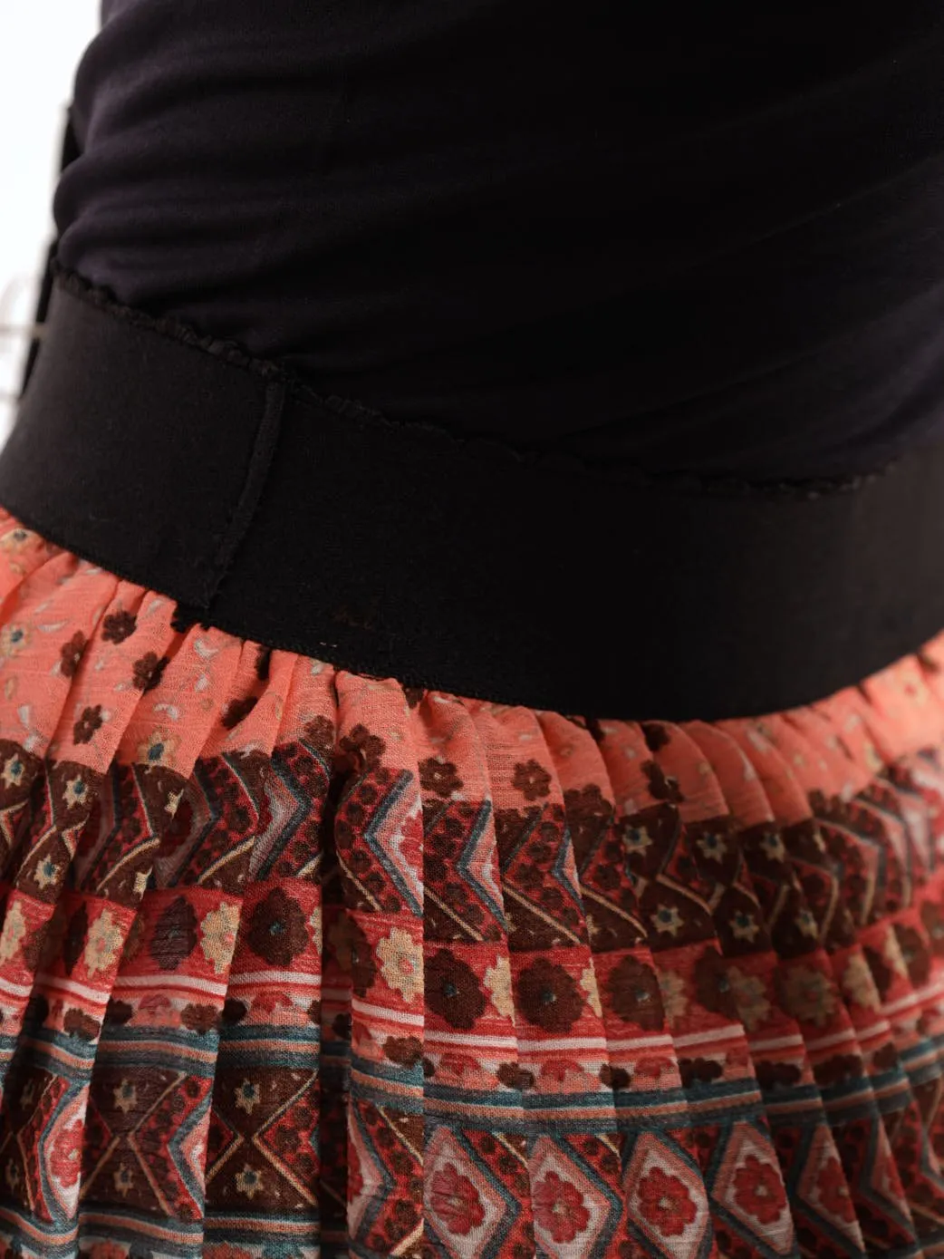 Ladies Pleated Patchwork Striped Skirt - Coral