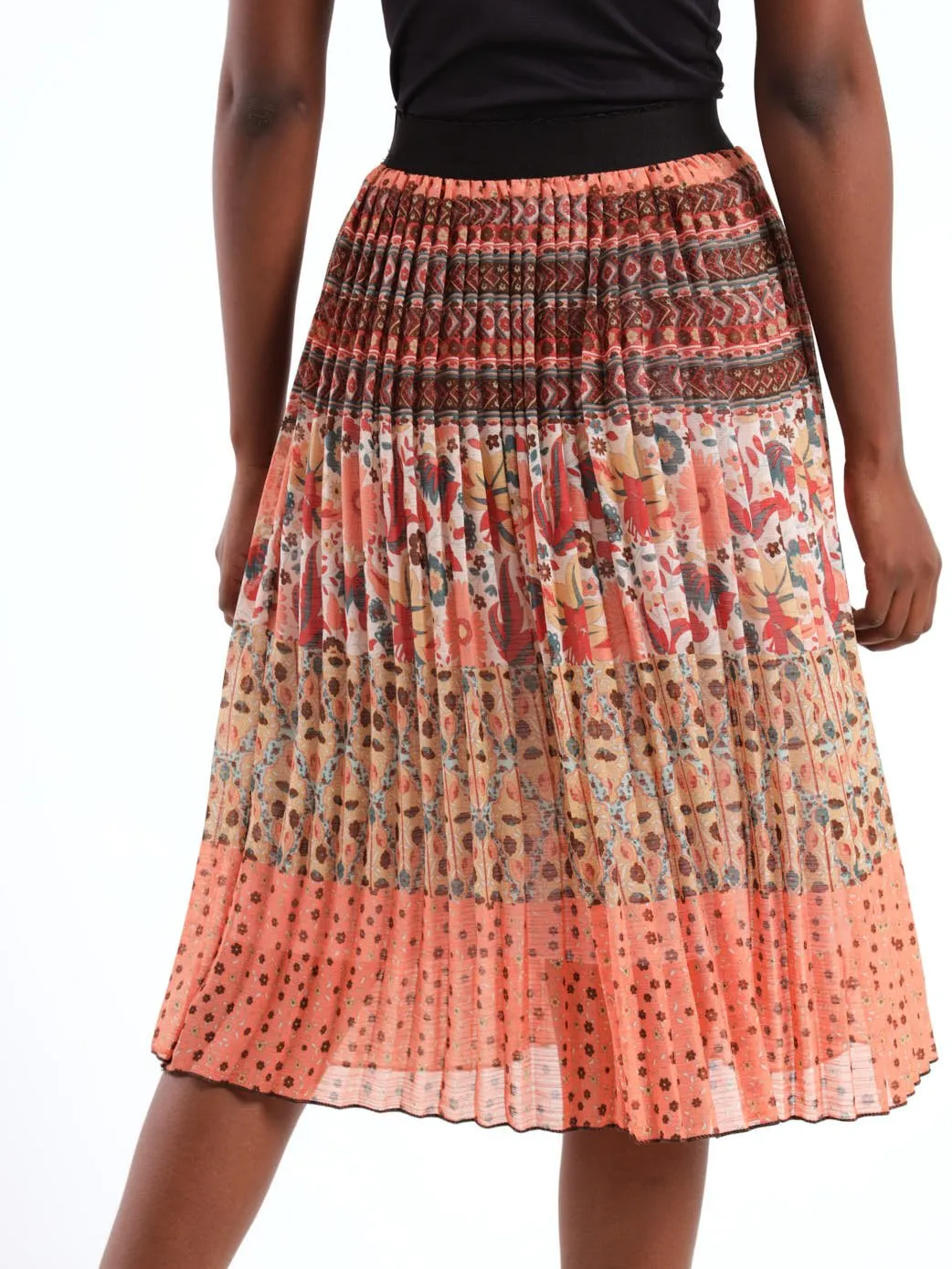 Ladies Pleated Patchwork Striped Skirt - Coral