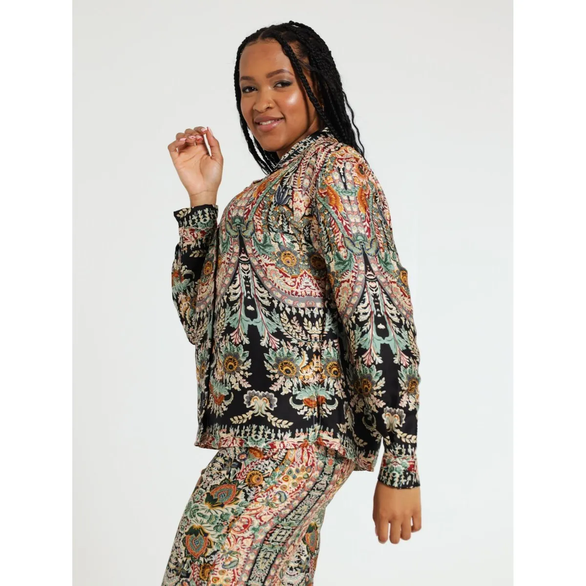 Ladies Satin Printed Button Through Top