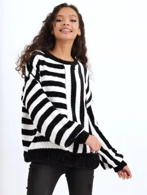 Ladies Striped Chenille Pullover - Black