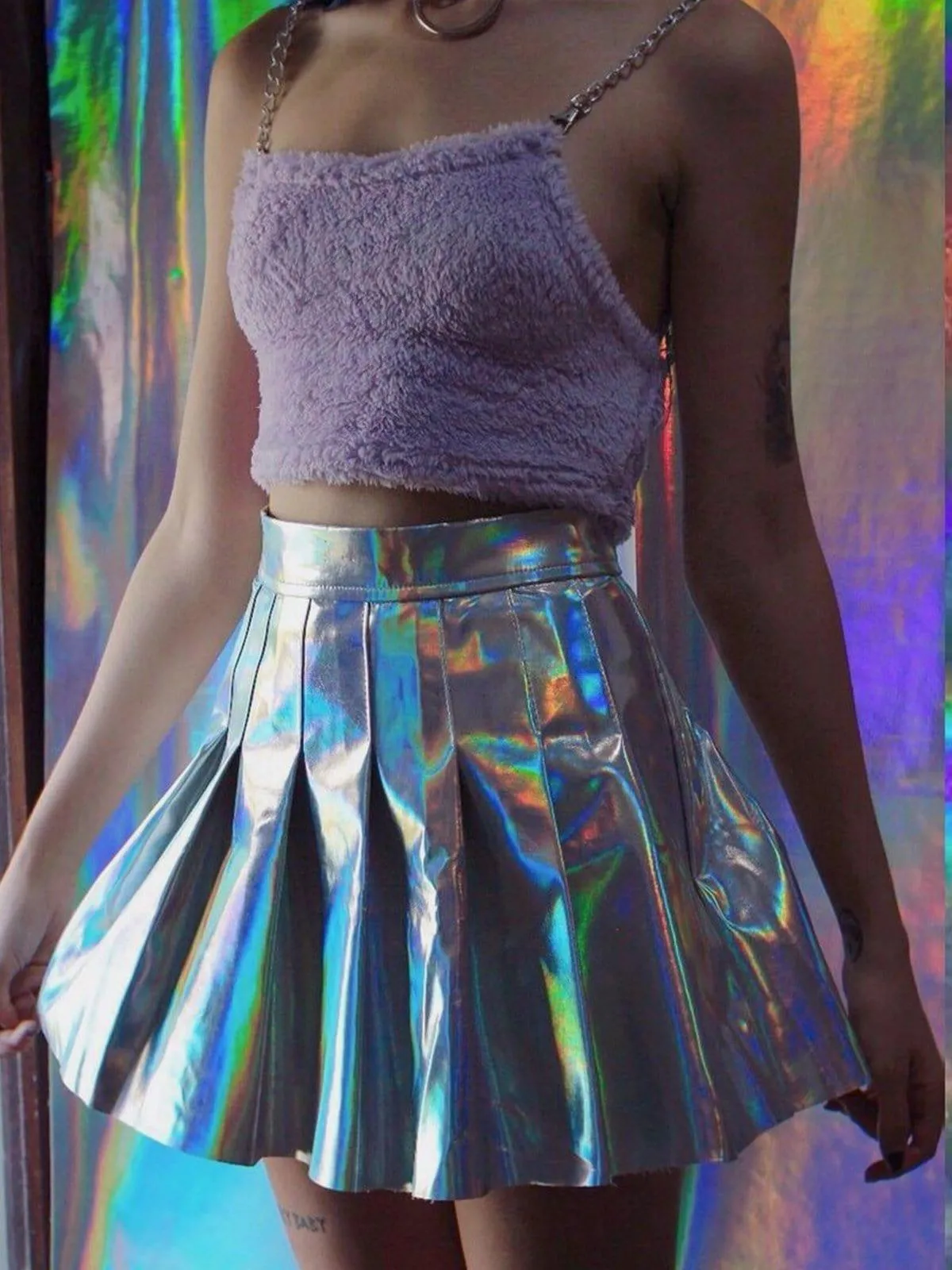 Laser Glossy Fluorescent Pleated Skirt