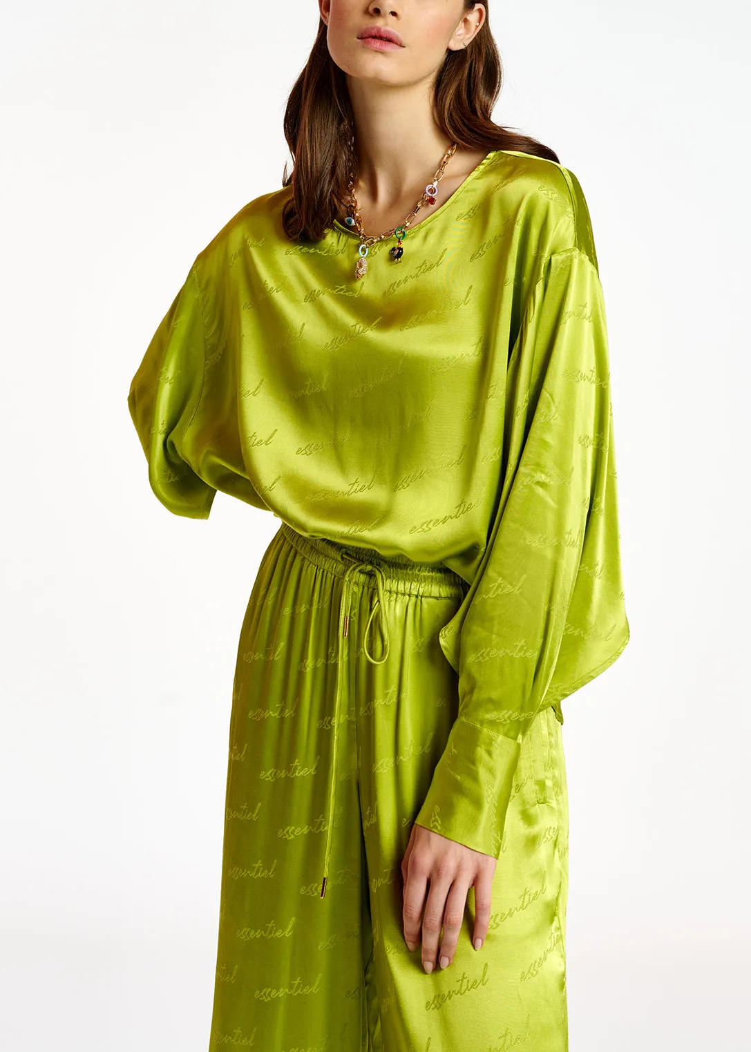Lime green satin jacquard loose-fit top