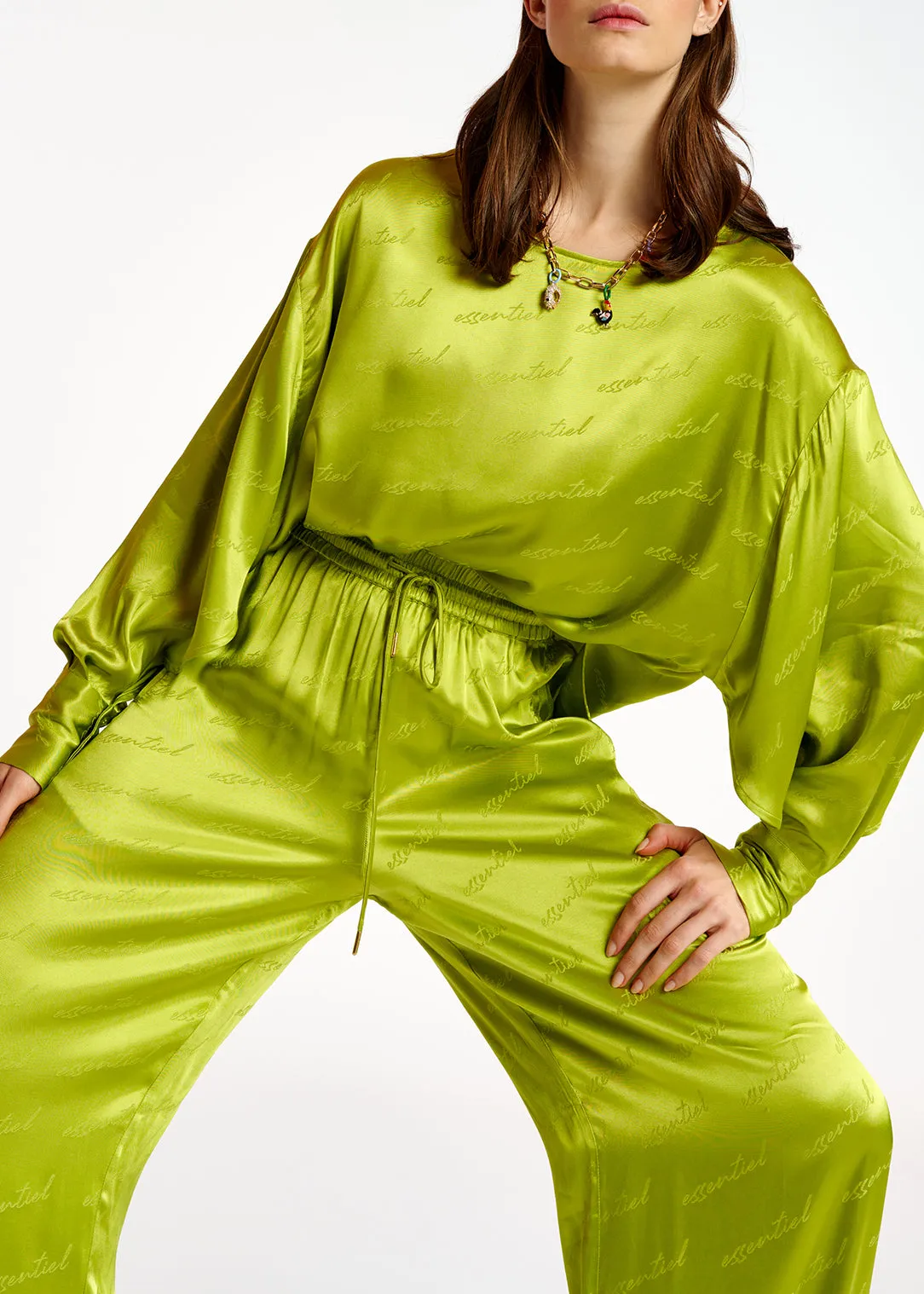 Lime green satin jacquard loose-fit top