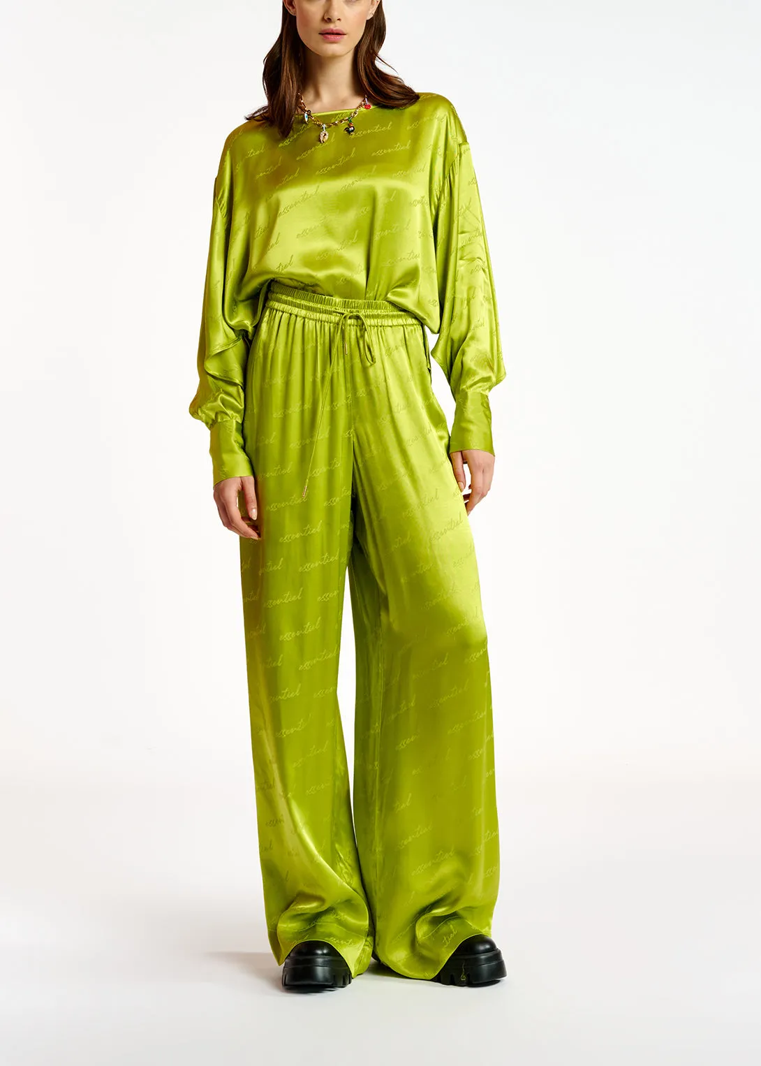 Lime green satin jacquard loose-fit top