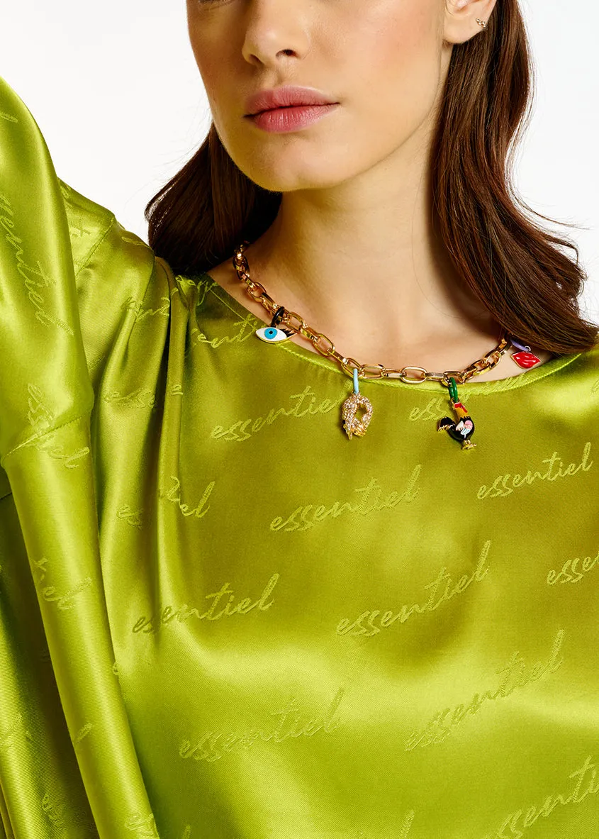 Lime green satin jacquard loose-fit top
