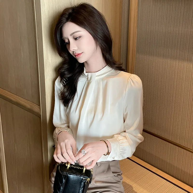 Long Sleeve Solid Color Satin Blouse Perfect for Any Occasion