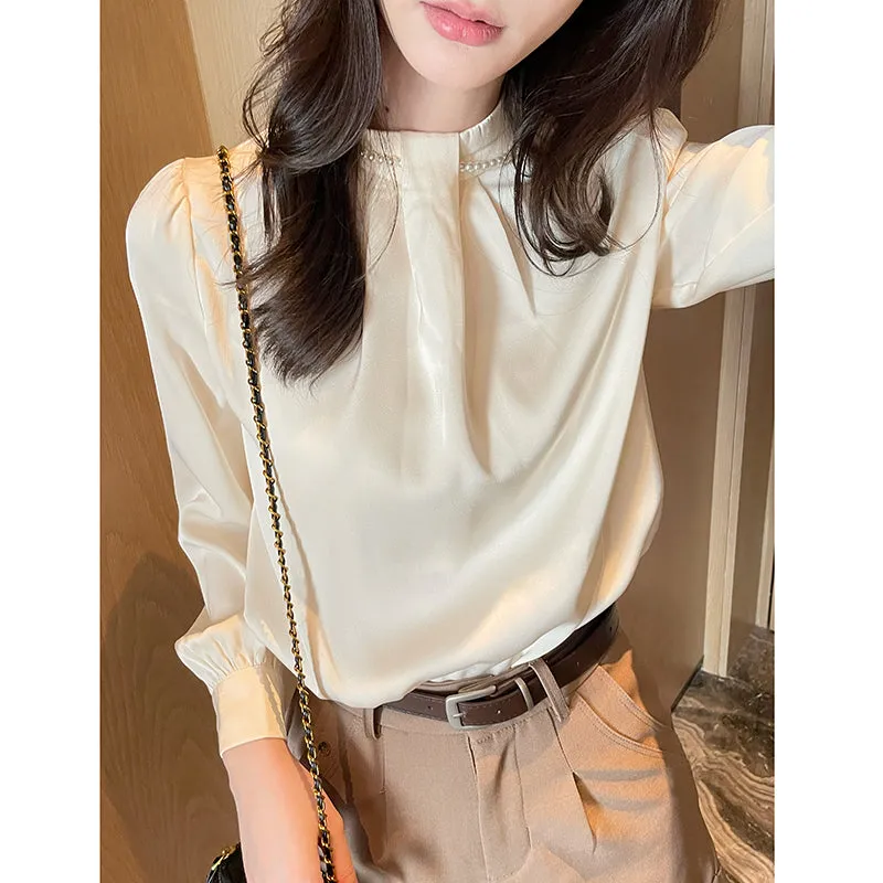 Long Sleeve Solid Color Satin Blouse Perfect for Any Occasion