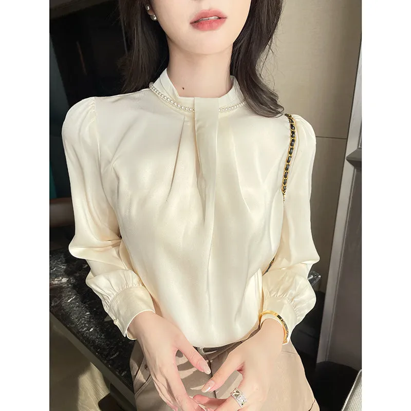 Long Sleeve Solid Color Satin Blouse Perfect for Any Occasion