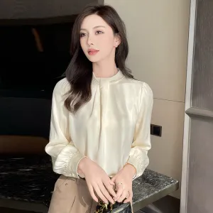 Long Sleeve Solid Color Satin Blouse Perfect for Any Occasion