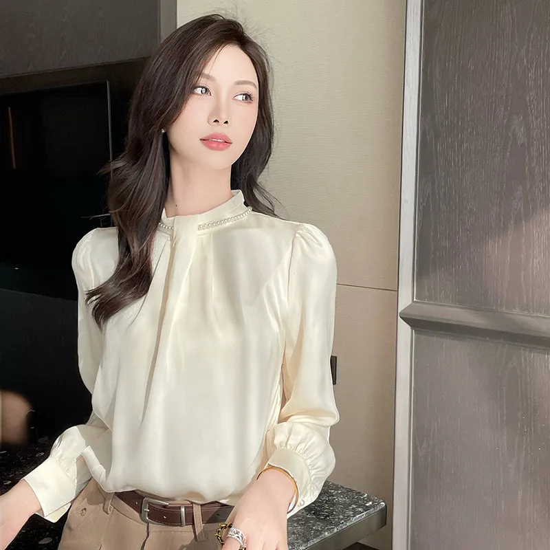 Long Sleeve Solid Color Satin Blouse Perfect for Any Occasion