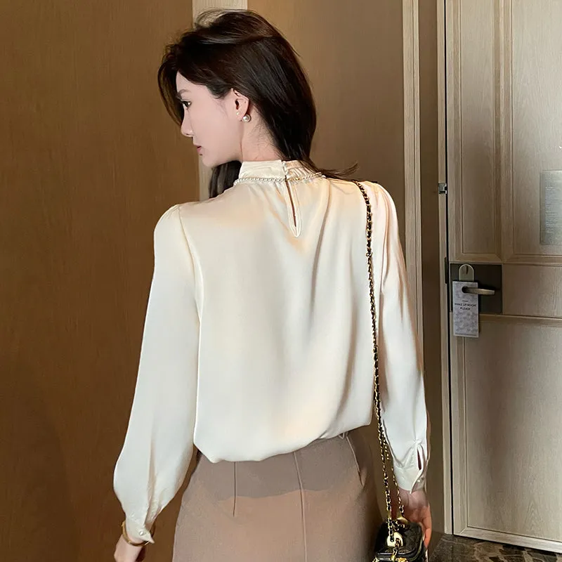 Long Sleeve Solid Color Satin Blouse Perfect for Any Occasion