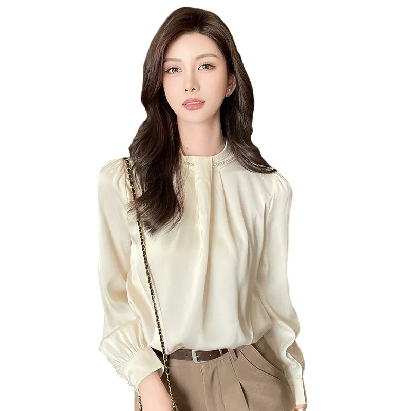 Long Sleeve Solid Color Satin Blouse Perfect for Any Occasion